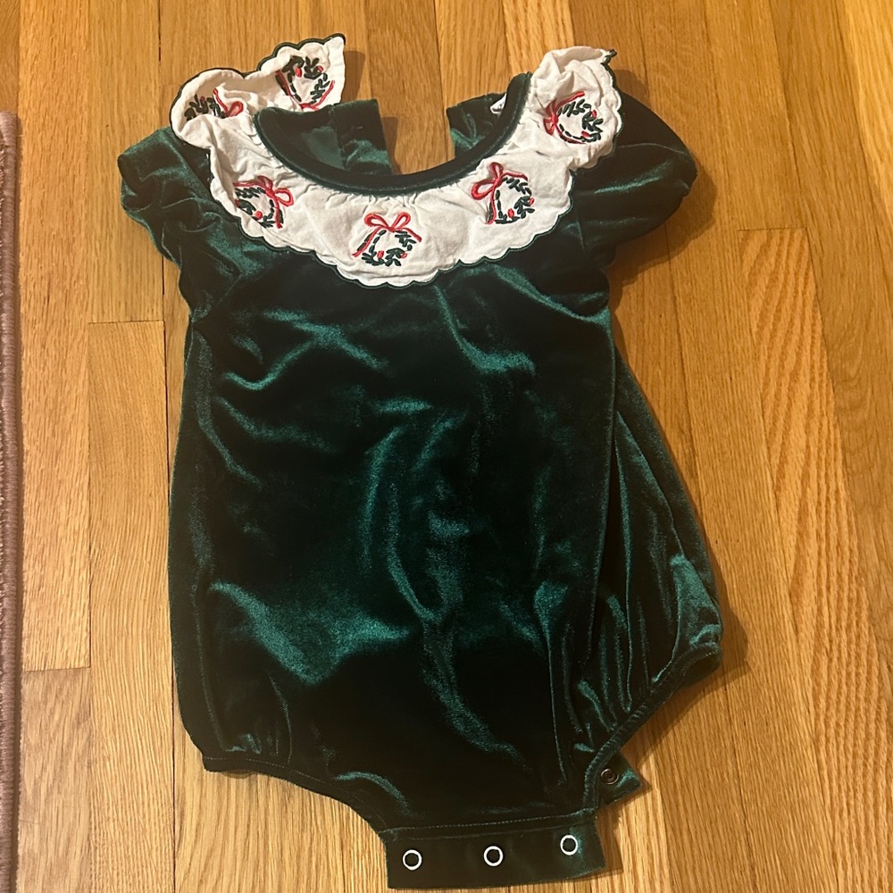 Southern Smocked Green Velvet Baby Romper with Embroidered Collar